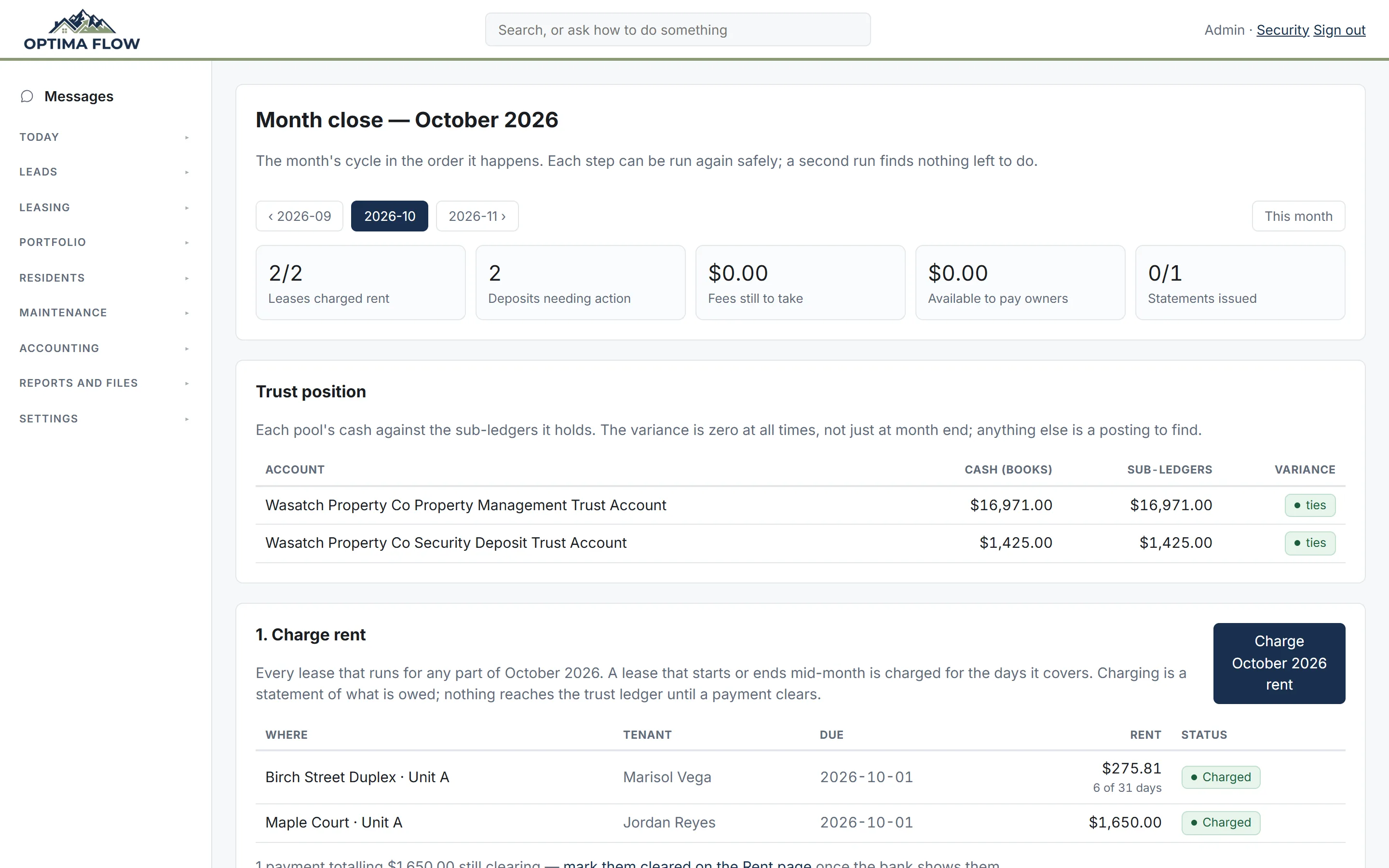 Optima Flow month close page with the trust position tying to the penny