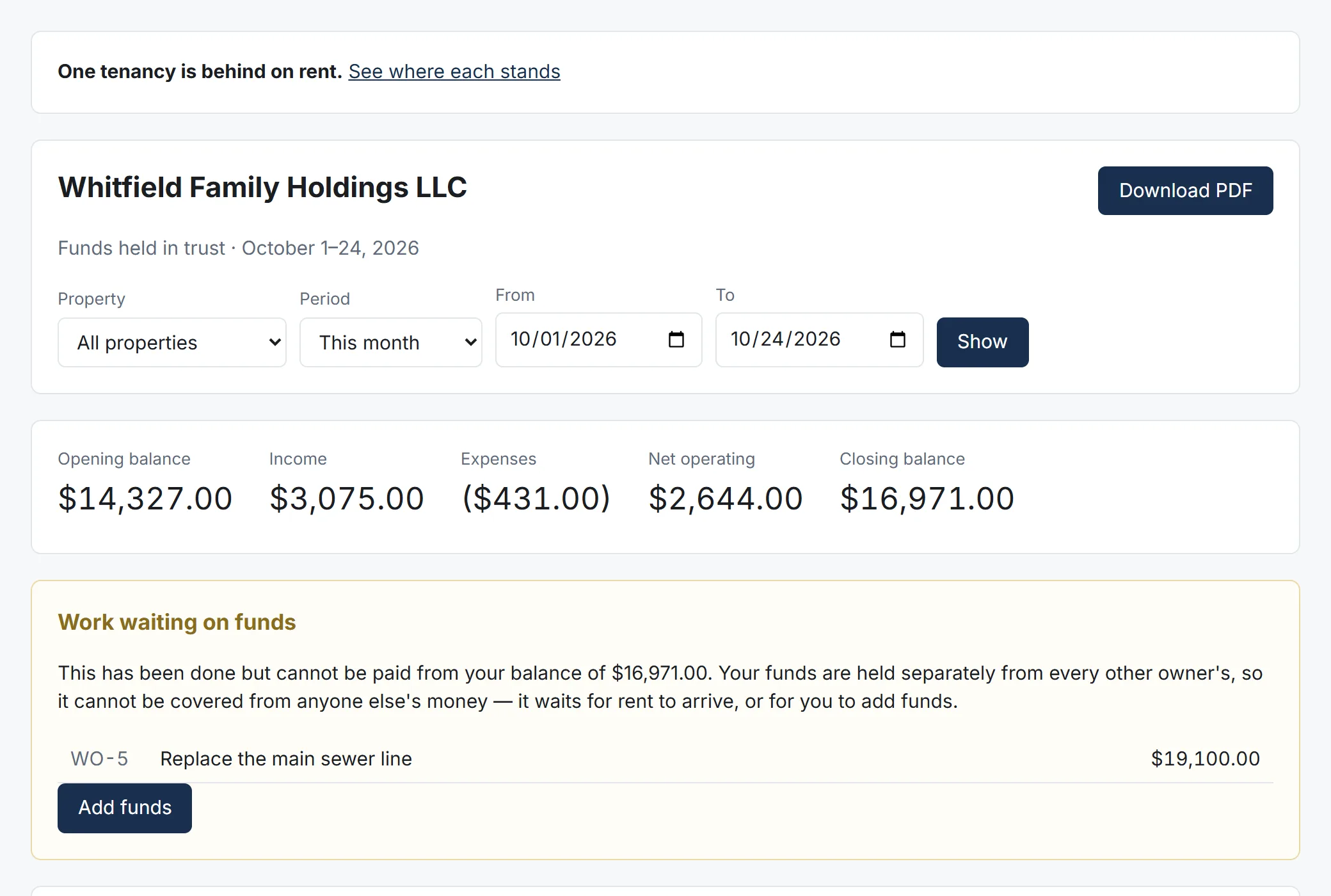 Owner portal statement showing opening balance, income, expenses and closing balance