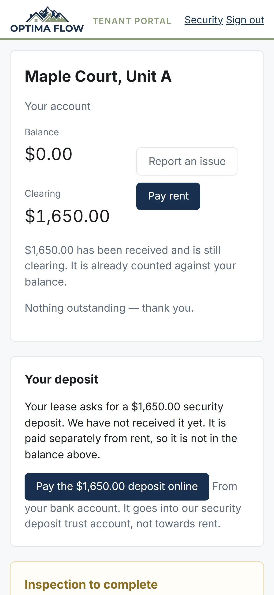 Tenant portal on a phone showing the balance and a Pay rent button