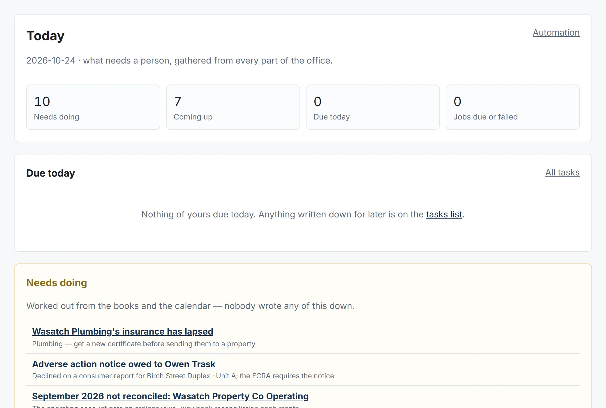 Optima Flow Today page listing what needs doing across the office